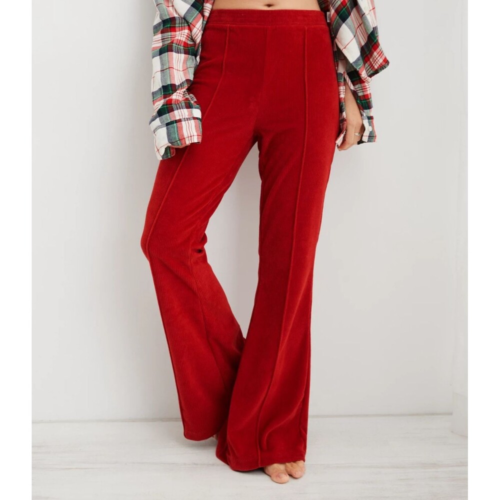 Aerie Women's XL Short Groove On Velour Flare Ribbed Pant Pull On Pants Red